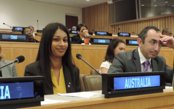 Laura delivering statement on behalf of Australian youth to the UN General Assembly in 2014.